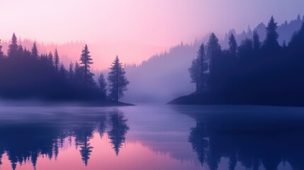 Fototapeta premium Serene Misty Lake Sunrise Forest Reflections