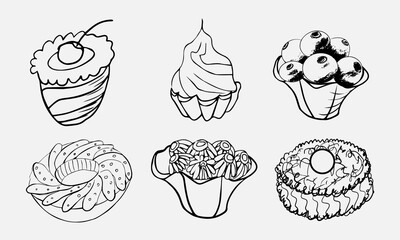 Freehand drawing style. Six dessert and cake icons
