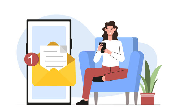 New message at smartphone. Woman near mobile phone with envelope with letter. Electronic mail and message. Notification and reminder. Business correspondence. Flat vector illustration