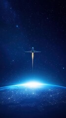 A glowing airplane highlighted by streaks of light, flying through a starry sky above Earth s vibrant cities, futuristic travel concept, vivid