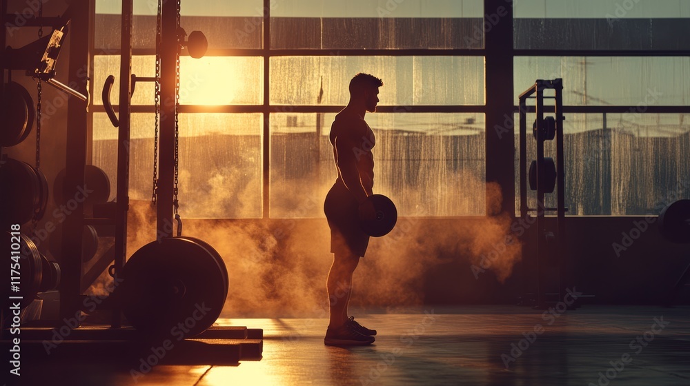 Poster muscular bodybuilder lifting weights during an intense workout session in a smoky gym, illuminated b