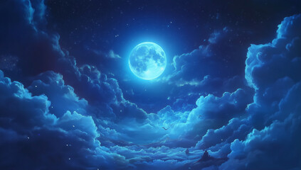Glowing blue moon and cloud scape