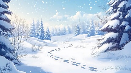 snowy scene with footprints in the snow and trees