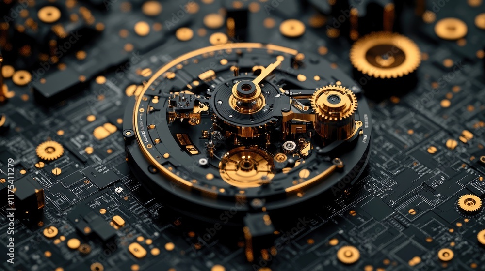 Aufkleber intricate clockwork mechanism fused with a circuit board. ideal for illustrating technological advan