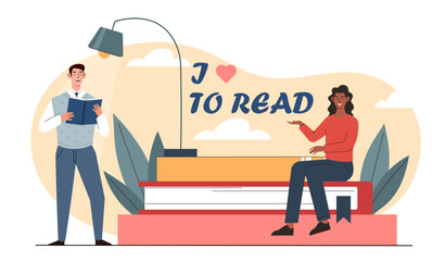 Fototapeta premium People love to read. Man and woman next to stack of books. Love of reading and literature. Hobbies and leisure. Education, learning and training. Fiction and textbook. Flat vector illustration