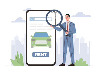 Man rent car. Businessman with magnifying glass near smartphone with automobile. Car sharing mobile application. Urban infrastructure and service. Transport and vehicle. Flat vector illustration