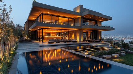 Obraz premium Contemporary hotel with sophisticated lighting design at night