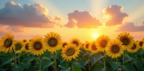 Fototapeta premium Row of tall sunflowers stretching towards the sky, dawn, optimism