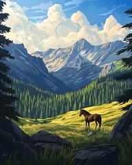 there is a horse that is standing in the grass in the mountains