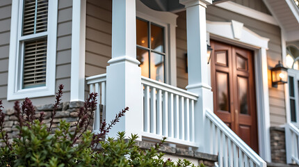 Fototapeta premium A close-up view of a house's front porch, featuring white railings, columns, and a brown double door. The house is light beige with stone accents. Greenery is visible at the base of the structure.