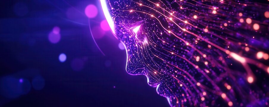 A glowing digital face with intricate node patterns, symbolizing AI s neural pathways, futuristic design, dynamic