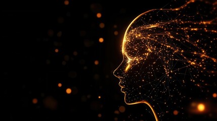A glowing digital head silhouette, filled with interconnected nodes and lines, symbolizing AI and neural networks, futuristic