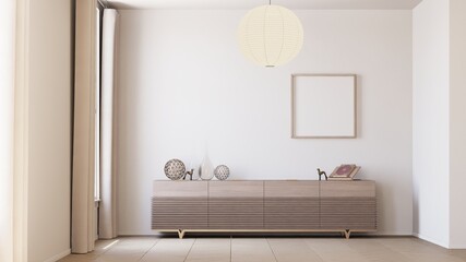 a framed poster mockups on the wall in simple living room interior background with red credenza. 3d illustration