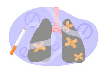 Sick lungs and cigarette. Black lungs in patches near cigarette smoke. Asthma and tuberculosis, disease of respiratory system. Unhealthy lifestyle and bad habits. Flat vector illustration