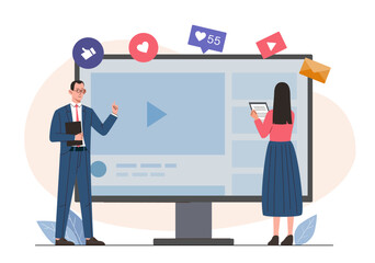 Social network analysis. Man and woman stand near computer screen and analyze user activity. SMM and SEO specialists. Promotion on social networks and Internet. Flat vector illustration