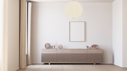 a framed poster mockups on the wall in simple living room interior background with red credenza. 3d illustration