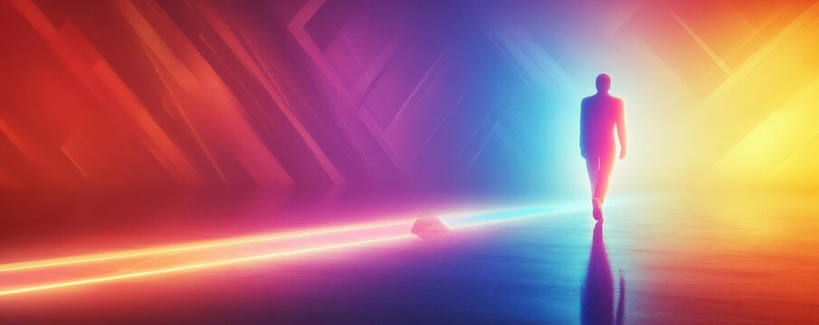 A glowing figure walking a radiant path that transitions into a prismatic arrow, career growth journey concept, futuristic