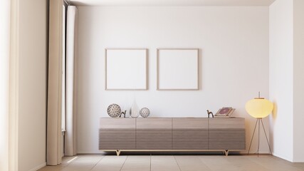 two framed poster mockups on the wall in simple living room interior background with red credenza. 3d illustration