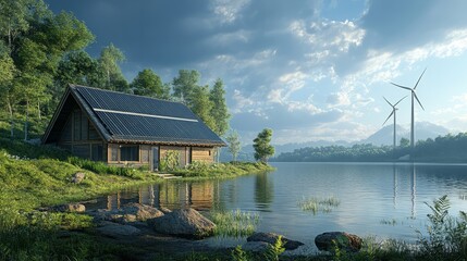 Fototapeta premium A sustainable energy farm with solar panels and windmills near a calm lake
