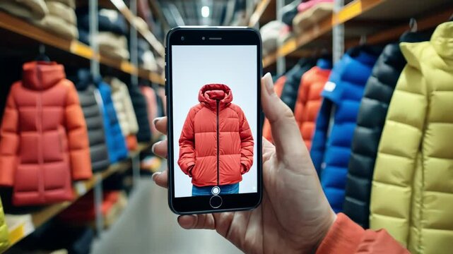 A hand holds a smartphone displaying a red coat among colorful jackets.