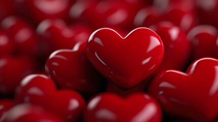 Obraz premium A close-up of glossy red heart shapes scattered together, perfect for themes of love, affection, and celebration, Ideal for marketing materials, greeting cards