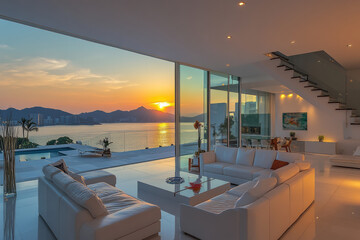 Fototapeta premium stunning sunset view from modern living room with large glass windows