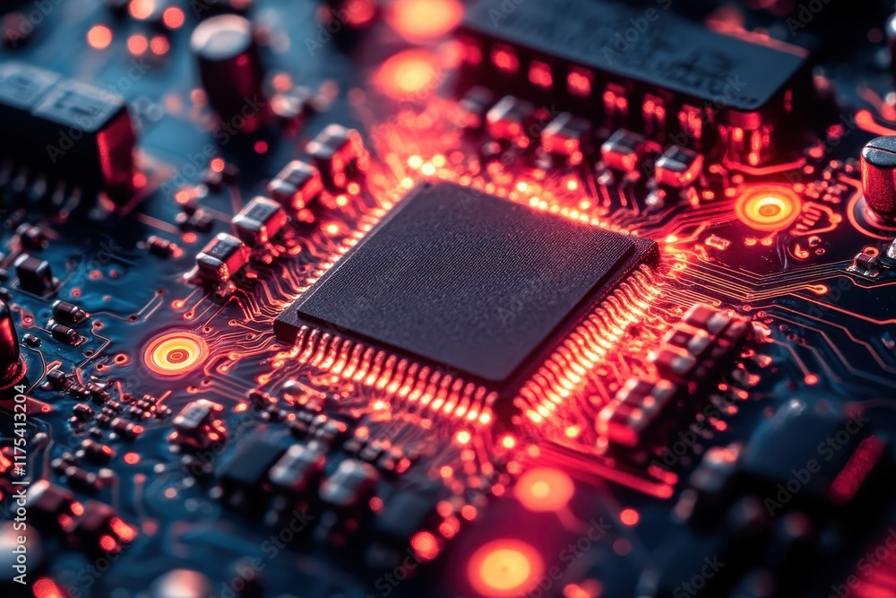 Poster close-up view of a computer circuit board with glowing red elements and a central processor