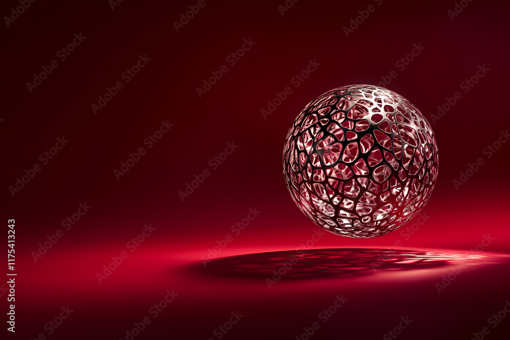 Poster a single, polished metal sphere reflecting intricate light patterns, floating in a deep red gradient