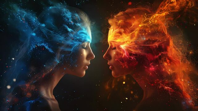 Video of two female profiles facing each other, one emitting fiery energy and the other icy energy, on a dark background. Concept joy and creativity, imagination, emotional intelligence