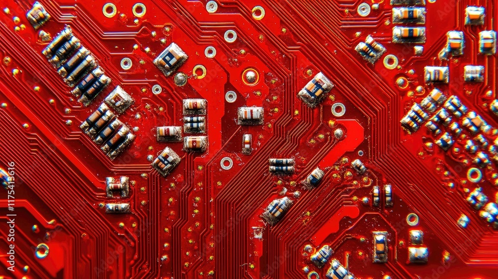 Poster close-up of a red circuit board. ideal for tech backgrounds, presentations, or website elements rela