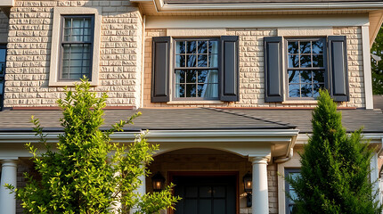 Naklejka premium A light beige stone house with dark shutters on the second-story windows. The front porch features white columns and a dark entry door. Lush green shrubs flank the porch.