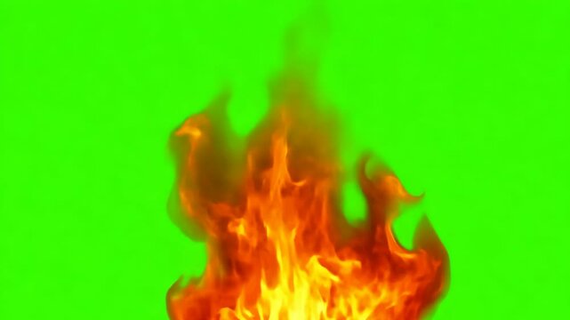 Orange Red Flames Engulf on green screen background. Vibrant fire animated on green backdrop. Burning flame animation. Frame Template. Chroma key. Motion graphics. Creative video for overlay. Inferno