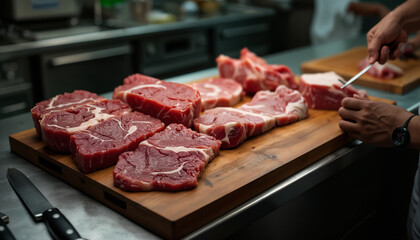 Fresh Cuts of Meat on Wooden Board in Kitchen