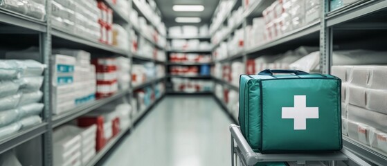 Fototapeta premium Rows of safety equipment and medical supplies neatly arranged in a high-tech storage facility symbolizing health readiness and security sharp and clean design