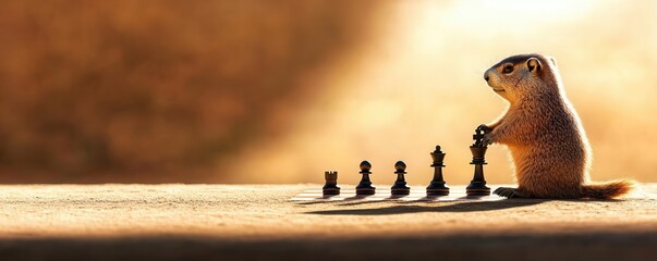 A groundhog playing chess with its shadow and blank space for captions, creative meme template, whimsical