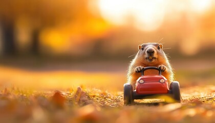 A groundhog riding a toy car through a park with blank space for captions, playful meme template, colorful