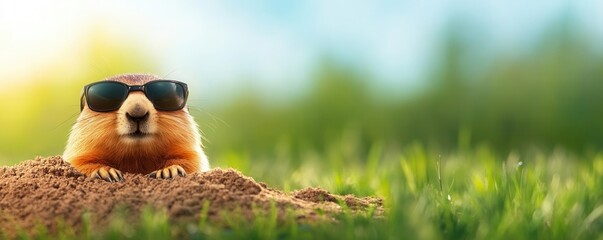 A groundhog popping out of its burrow wearing sunglasses with blank space for captions, funny template, bright and playful