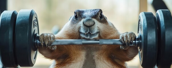 A gymthemed groundhog lifting weights with blank space for a joke, funny fitness meme graphic, dynamic