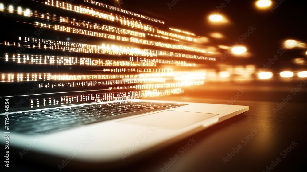 Poster digital code flowing from laptop screen, illuminated by warm lights, symbolizing innovation and tech