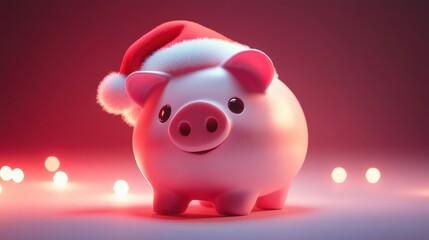 A piggy bank wearing a Santa hat on a red and white gradient background, creating a holiday savings theme