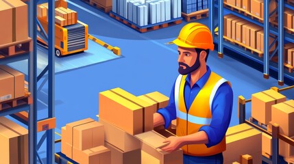 A warehouse worker organizes boxes in a storage facility, showcasing industry operations.