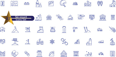  icons related to skiing. Linear icon collection. Editable stroke.