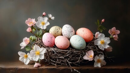 Obraz premium Pastel Easter eggs nestled in a bird's nest, adorned with delicate spring blossoms.