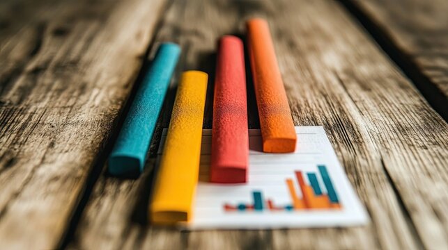 Colorful chalk sticks arranged as a bar graph on a wooden table symbolize data analysis and creative visualization of statistics and growth.