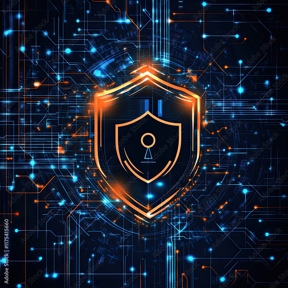 Poster digital shield symbolizing cybersecurity with glowing elements