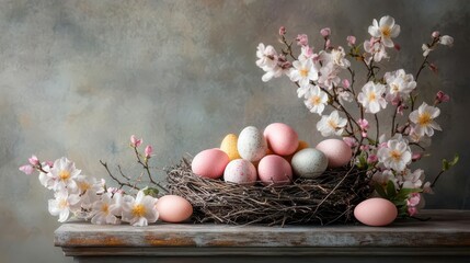 Obraz premium Pastel Easter eggs nestled in a bird's nest, adorned with delicate spring blossoms.