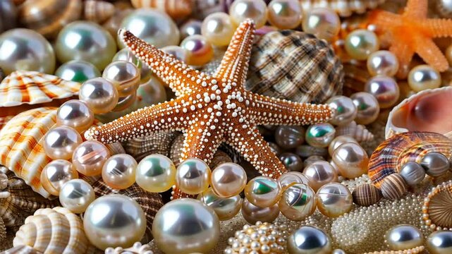 Vibrant Starfish, Seashells, and Pearls Stunning Underwater Display of Marine Treasures in Natures Ocean Beauty and Beach Decor