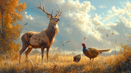 Deer in a Meadow with Wild Turkey and Pheasant, serene wildlife scene showcasing harmony in nature, vibrant grasses and diverse fauna