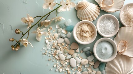 Fototapeta premium there are shells and sea salt in small bowls on a table