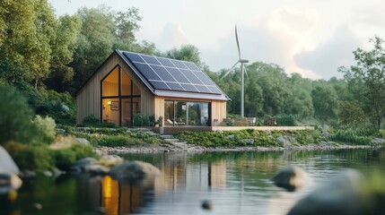 Obraz premium Energy-efficient setup with solar panels and wind turbines near a river 